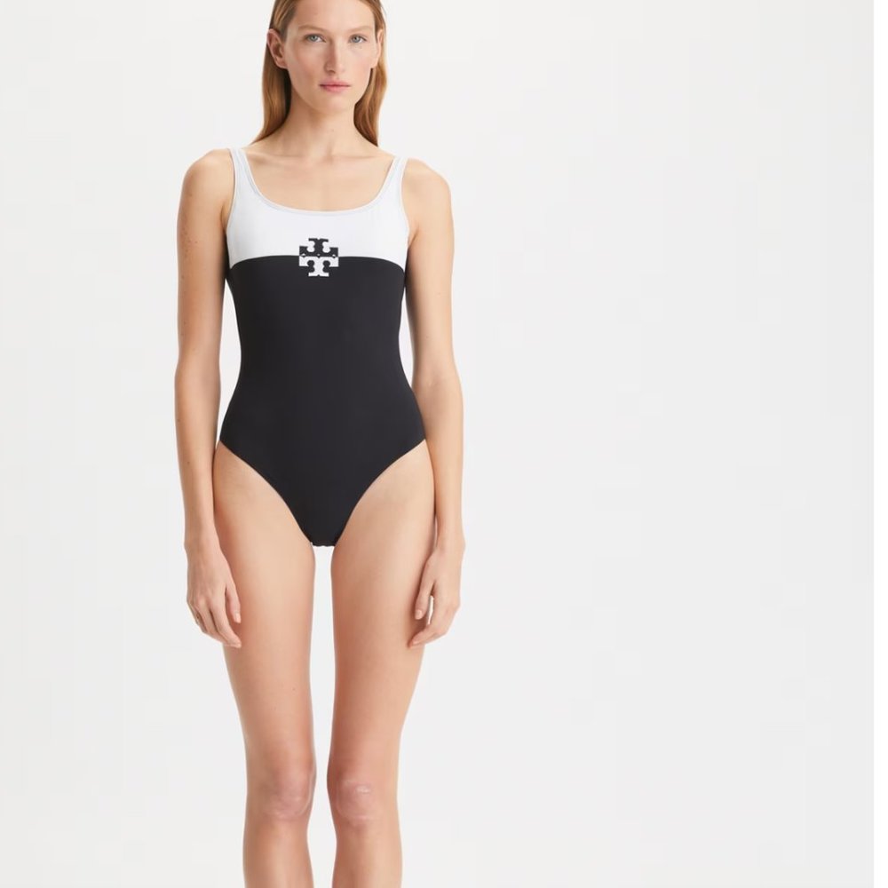 NWT TORY BURCH COLOR BLOCKED LOGO TAN SWIM SUIT 1 PIECE SWIMWEAR BLACK WHITE XS